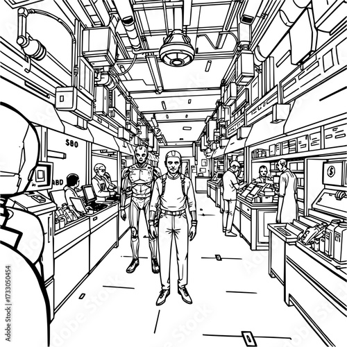 Minimilist illustration of a futuristic interior with a man and a robot walking through a busy industrial area vector