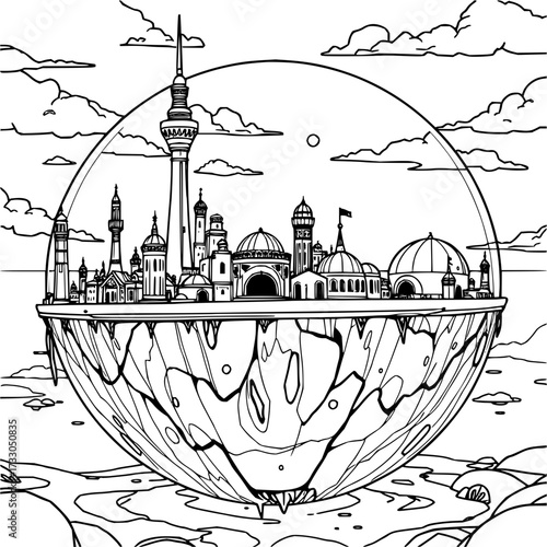 Minimilist floating city with towers and domes inside a bubble with clouds and water landscape outline drawing vector