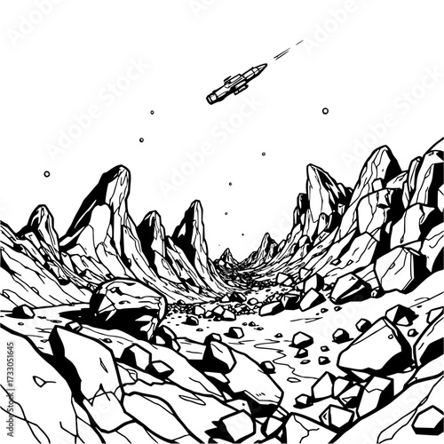 Minimilist a desolate rocky landscape with a spacecraft flying overhead in a black and white illustration style scene vector