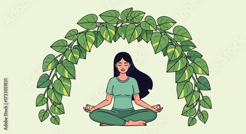 Peaceful Woman Meditating Under a Natural Green Leaf Arch