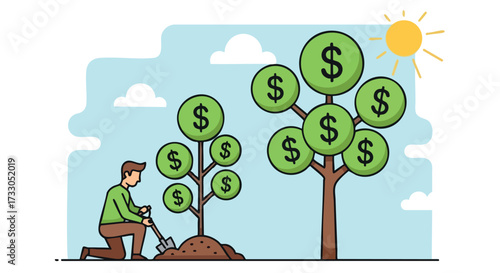 Man Planting a Small Money Tree Next to a Large Growing Investment Tree