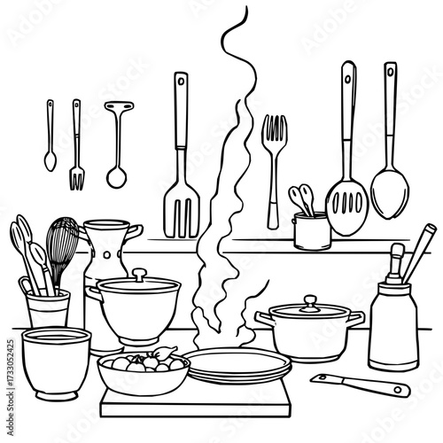 Minimilist line drawing of kitchen utensils and cooking equipment arranged on a table and hanging on a shelf vector