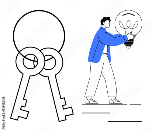 Figure holds lightbulb, symbolizing ideas, near two interlocking keys suggesting solutions. Ideal for innovation, creativity, problem-solving, strategy, inspiration, opportunity success simple flat