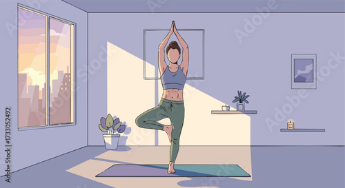 Woman Practicing Tree Pose Yoga in a Sunny Room at Sunrise