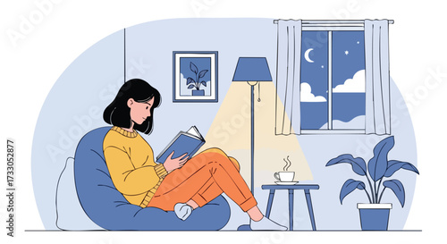 Cozy Evening Reading on a Bean Bag Chair by Lamplight