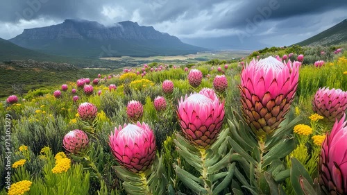 Enchanting Protea Meadow: A Vibrant South African Landscape with Majestic Mountain Backdrop