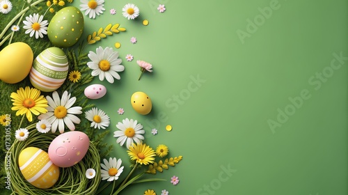 Festive easter eggs and daisy flowers on green background with copy space