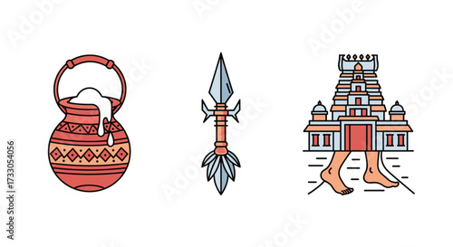 Thaipusam festival icons: milk pot, spear, temple, and walking feet