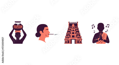 Thaipusam festival icons: devotion, pilgrimage, temple, and prayer
