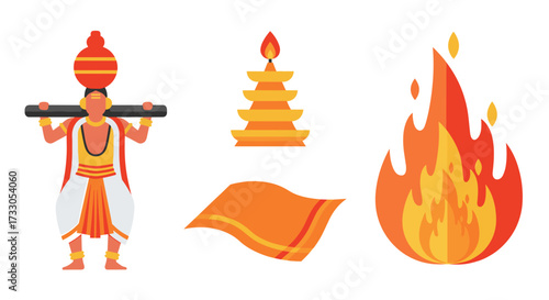 Hindu traditions: Kavadi dancer, temple lamp, cloth, and fire