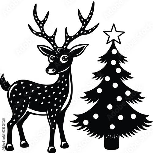 cartoon reindeer standing beside christmas tree il (1).eps