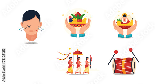 Indian festival icons: Devotion, procession, offerings, and music