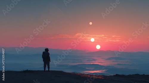 Person contemplating sunset landscape