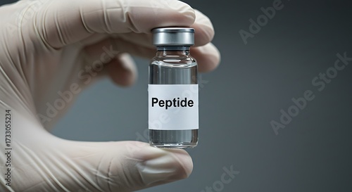 Hand holding a vial labeled peptide for medical research and healthcare