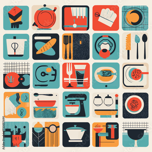 A grid of stylized kitchen and cooking icons in a retro color palette, featuring utensils, food, and cooking equipment.
