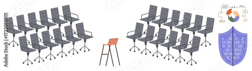 Red chair stands out among gray office chairs with shield and global network diagram. Ideal for individuality, leadership, teamwork, decision-making, security, innovation, technology. A simple flat