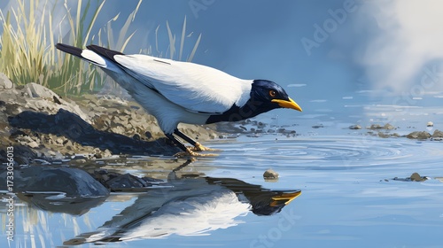 The striking white bird with blue markings on its head and black around its eyes is perched on a branch, surrounded by lush green leaves and a soft, out-of-focus blue and green background, portraying.