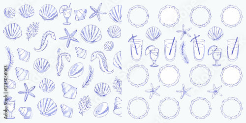 Collection of hand drawn blue watercolor sea elements including seashells starfish seahorses drinks and decorative frames