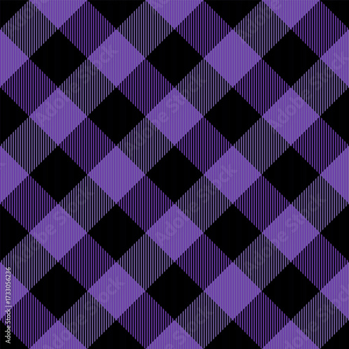 Diagonal tartan Halloween plaid. Scottish pattern in violet and black cage. Scottish cage. Traditional Scottish checkered background. Seamless fabric texture. Vector illustration
