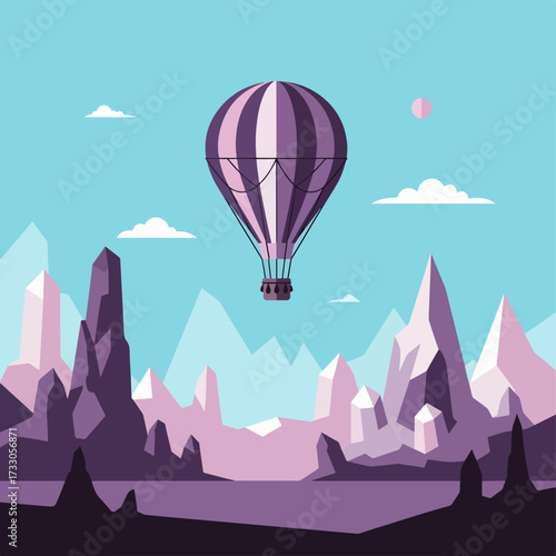 A striped hot air balloon glides serenely over a surreal, minimalist landscape of jagged, purple-hued crystalline mountains.