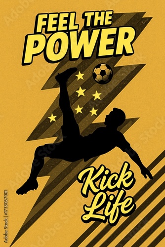 Dynamic soccer graphic showcasing a player in action on a background with bold text and star motifs