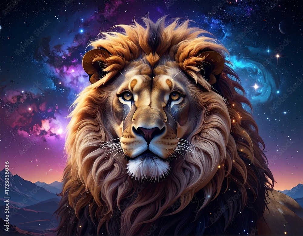 Naklejka premium Majestic Lion in Cosmic Landscape.