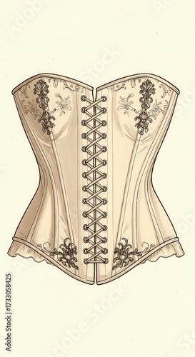 Detailed illustration of a cream-colored corset featuring delicate floral embroidery, intricate lacing down the center, and a ruffled hemline, showcasing a vintage, classic design with elegant...