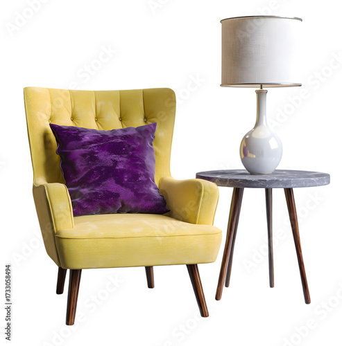 A cozy interior scene showcases a vibrant yellow armchair with a purple pillow, alongside a small, round table with a tea set and an elegant, white floor lamp.
