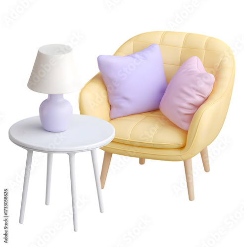 Pastel-colored interior scene features a yellow armchair with two pillows, a small white side table, and a lilac lamp on a black background.