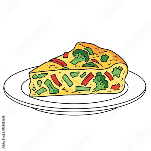A colorful cartoon illustration of a slice of vegetable quiche or frittata with broccoli and red peppers on a white plate.