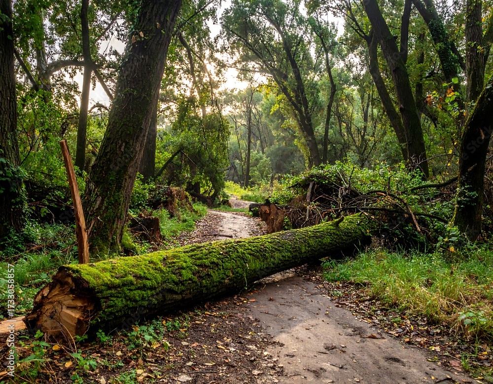 Fototapeta premium Forest path blocked by fallen log