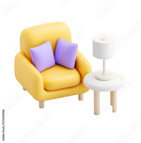Comfortable yellow armchair with two purple pillows sits invitingly, accompanied by a round wooden side table and a white lamp, against a solid black background, conveying a cozy, warm atmosphere...