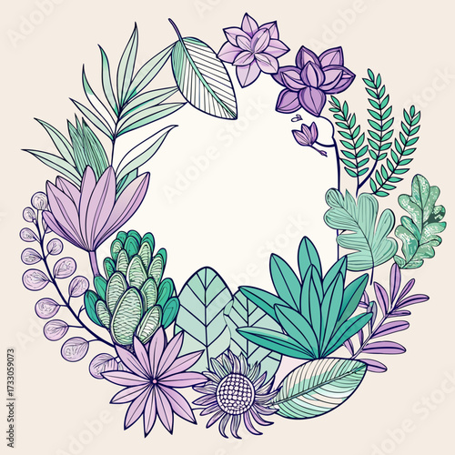 A series of delicate, hand-drawn frames and badges made from specific botanicals (e.g., Eucalyptus & Lavender, Tropical Monstera, Desert Succulents). The line art is clean, detailed, and can include a