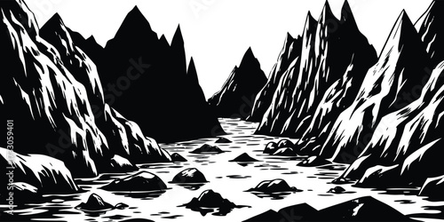 Dramatic mountain peaks silhouette against a flowing river, a powerful, stylized landscape perfect for adventurous brands seeking bold visual impact