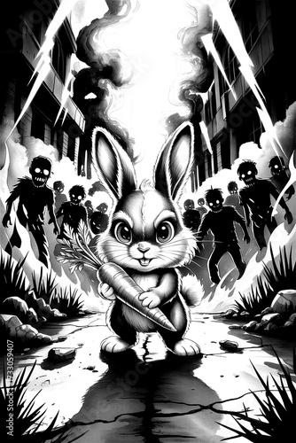bunny stands boldly with a carrot amidst zombies in a post-apocalyptic urban setting filled with smoke and chaos