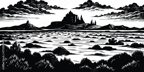 Dramatic fantasy landscape illustration featuring a towering castle silhouette against a moody sky, perfect for adventure games and book covers