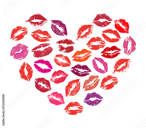 Colorful lipstick kiss marks collection in heart form isolated on a white background
