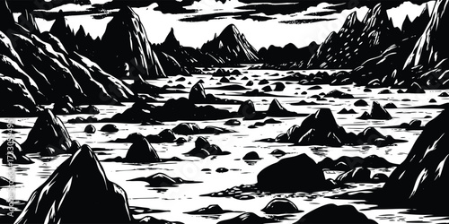 Dramatic black and white mountain landscape evokes adventure and exploration, perfect for book covers, posters, or website backgrounds, a minimalist style