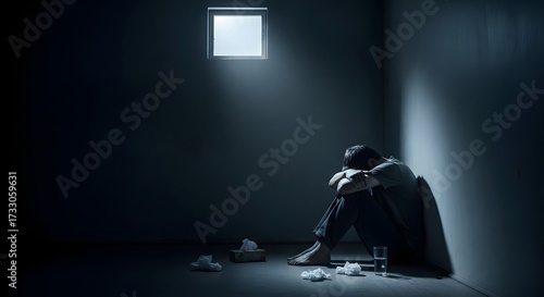 A person sits despondently in a dark room under a small window hugging their knees conveying feelings of sorrow and isolation