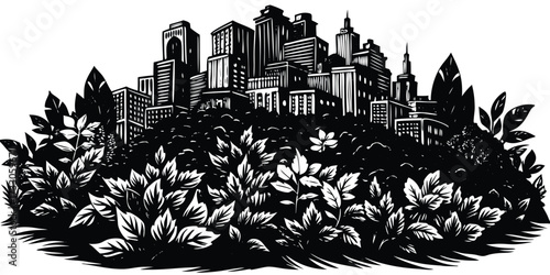 Urban jungle black and white art, nature meets city illustration, skyline emerges from foliage, cityscape contrasts with wild growth, nature reclaiming city