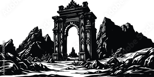 Dramatic archway amidst rugged mountains, a gateway to adventure and mystery, perfect for fantasy book covers, game assets, or evocative editorial illustrations