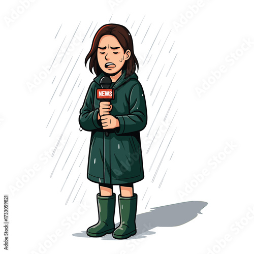 Vector Illustration of Female Reporter in Rainy Weather in Modern Style with Dark Green Raincoat and Boots