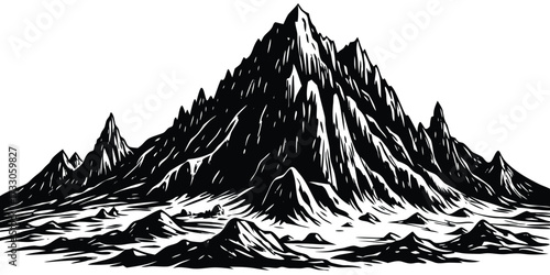 Dramatic mountain range illustration for adventure seekers, perfect for book covers, posters, and outdoor-themed designs, a stunning peak landscape