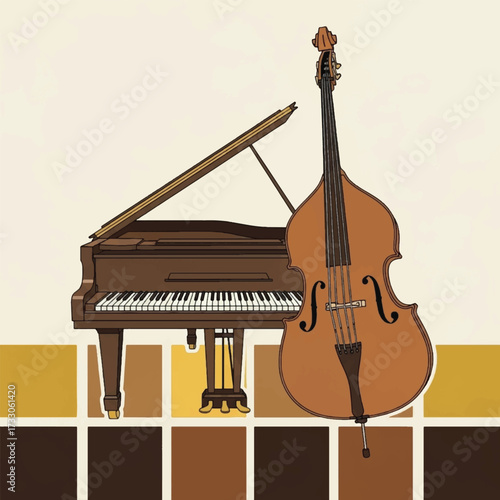 Illustration of a brown grand piano and a double bass on a light background with a checkered pattern below.