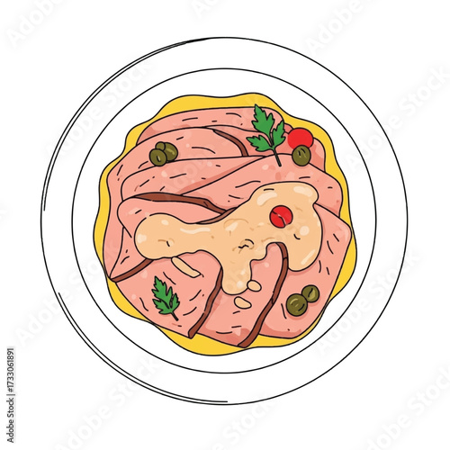 Illustration of vitello tonnato, a dish of sliced veal covered with a creamy, mayonnaise-like sauce flavored with tuna.