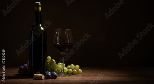 Still life of wine bottle, glass, and grapes on a wooden table