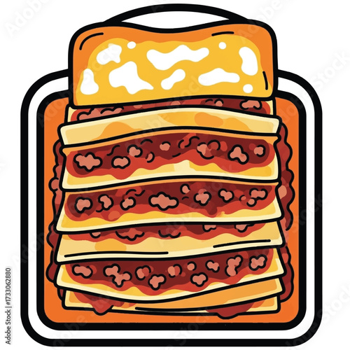 Illustration of a lasagna dish with layers of pasta, meat sauce, and cheese.