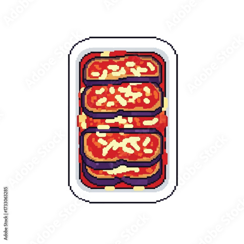 A pixel art illustration of a rectangular white tray filled with several slices of eggplant parmesan, topped with tomato sauce and melted cheese.