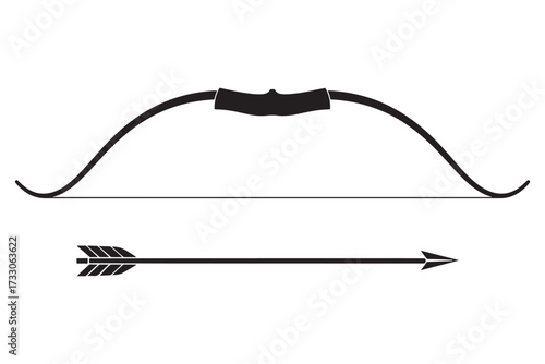 Simple black bow and arrow isolated on white background, a classic symbol of archery, hunting, and precision, representing skill, focus, and determination vector illustration