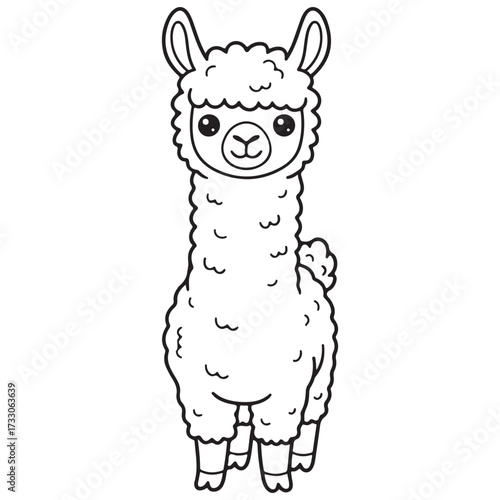 Line art illustration of a tall, adorable cartoon llama or alpaca standing and facing forward, featuring curly wool texture, a long neck, and a sweet, simple expression. Perfect for children coloring.